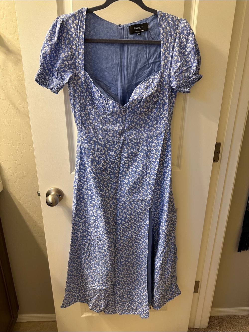 Bardot Blue Floral Midi Dress with Puff Sleeves